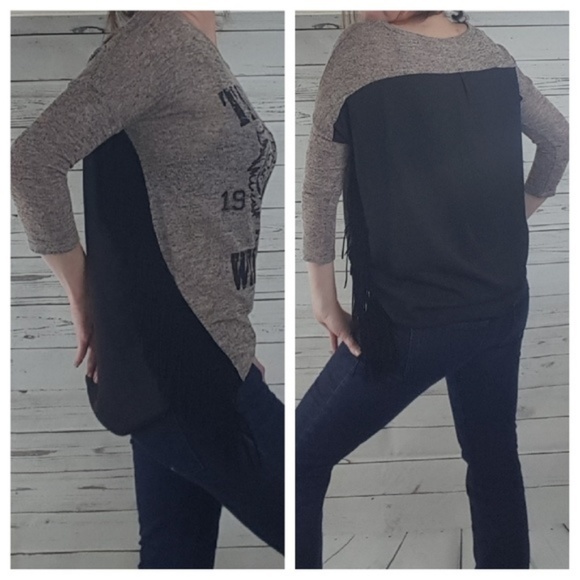 Tan Black Fringe Take My Wild Heart Graphic Tiger Print Slub Top Vintage Style - Picture 5 of 12
